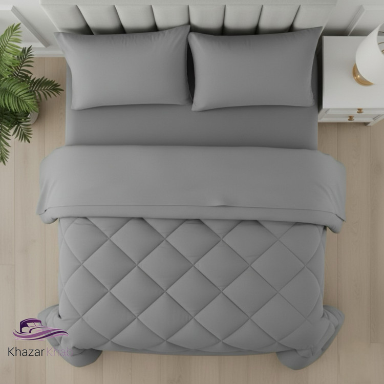 لحاف دونفره تکرنگ خزرخواب 4 تکه (طوسی)